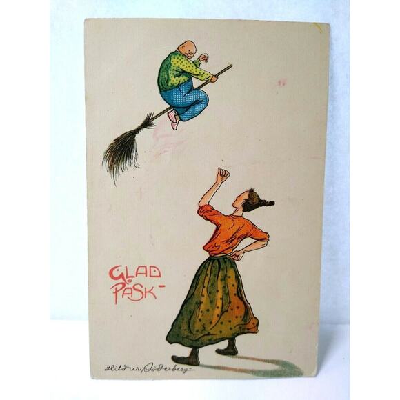 Halloween Easter Witch Postcard Fantasy Glad Pask Man Steals Lady's Broom Sweden - Picture 1 of 4